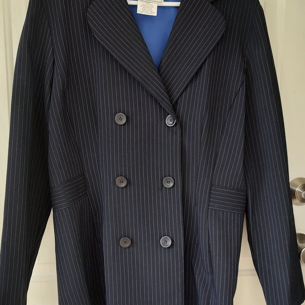 Brand is DBY LTD.  A 3-piece Blue pin striped outfit. Size15/16